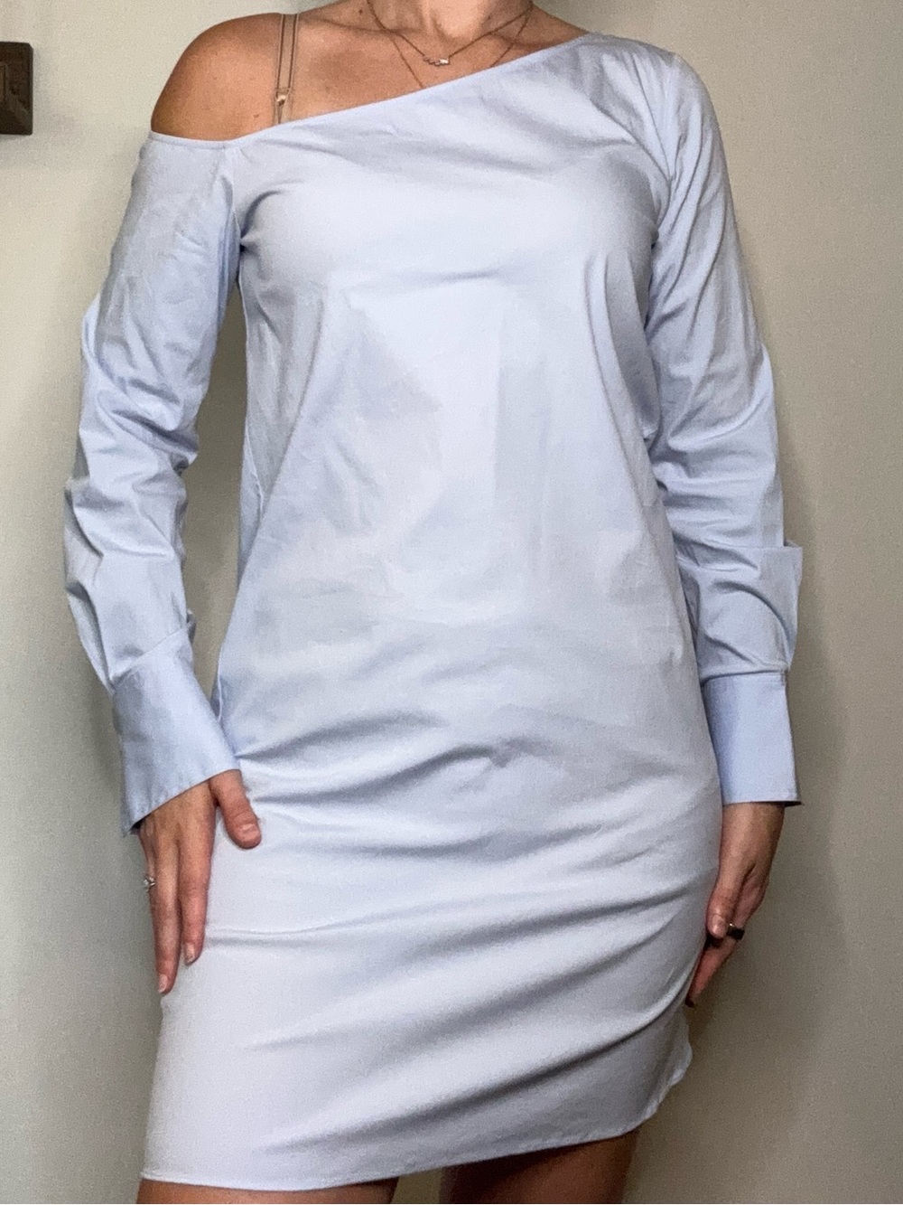 Theory One-Shoulder Pale Blue/Light Gray Shift Dress